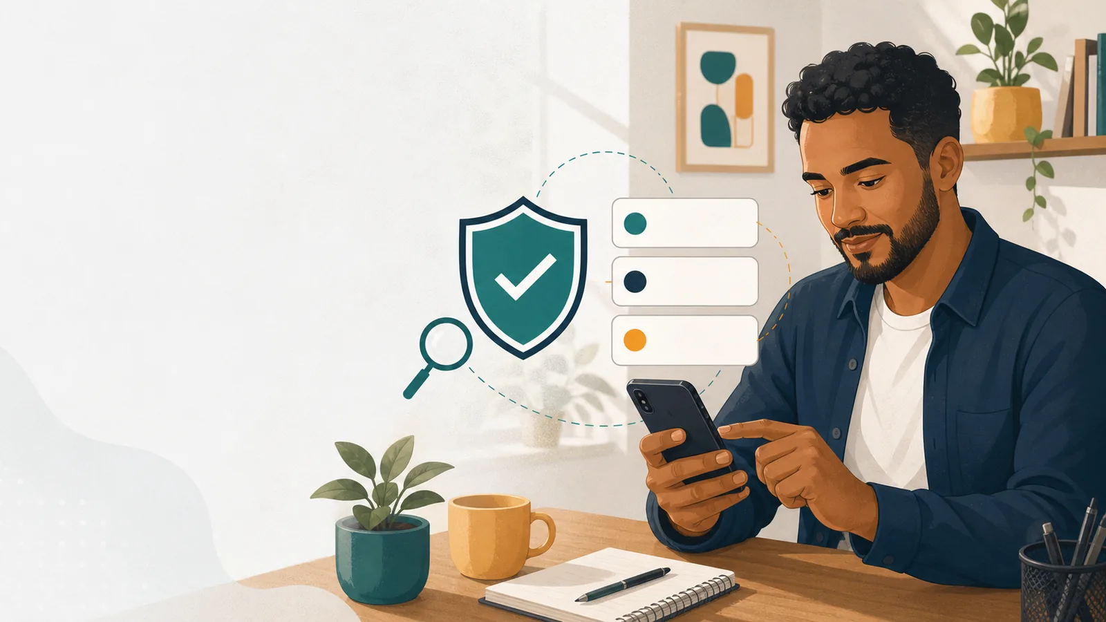 Pessoa adulta conferindo um celular com símbolos de verificação e segurança