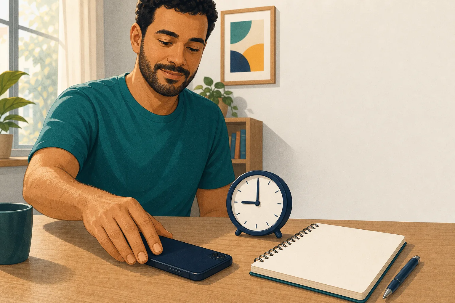 Pessoa colocando o celular de lado ao lado de um relógio e um caderno de orçamento