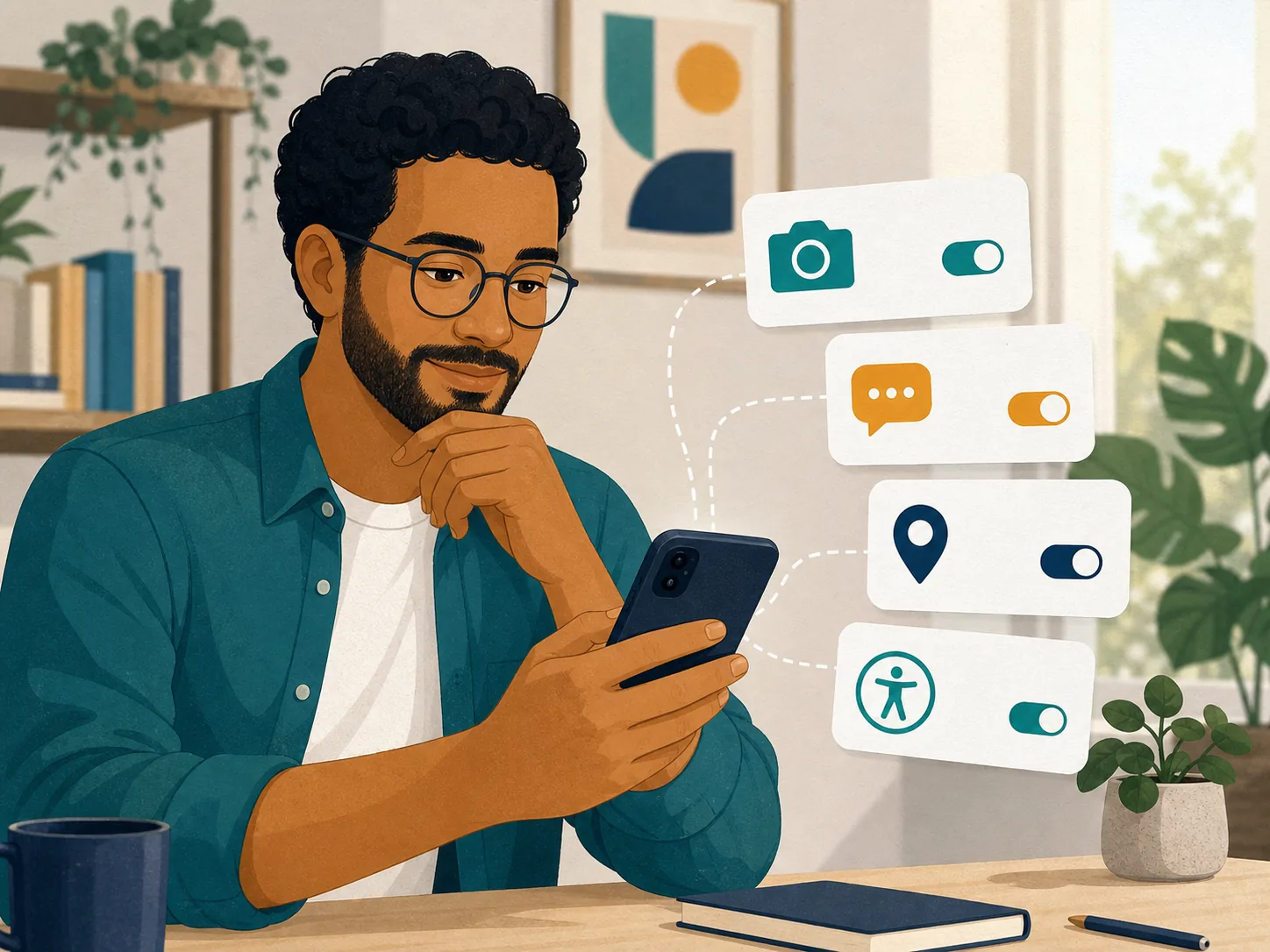 Pessoa adulta analisando permissões de um aplicativo no celular